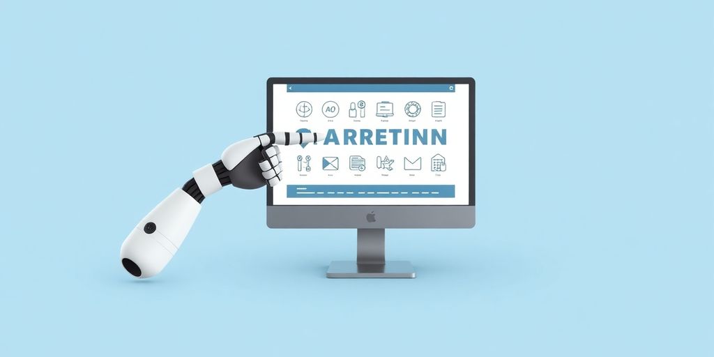 Robots automating marketing on a computer.