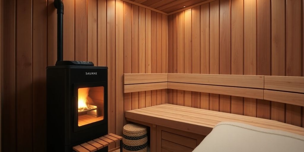 Elektrischer Saunaofen in einer Heimsauna mit Holzverkleidung.