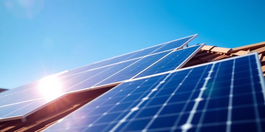 Solar panels on a roof under bright sunlight.