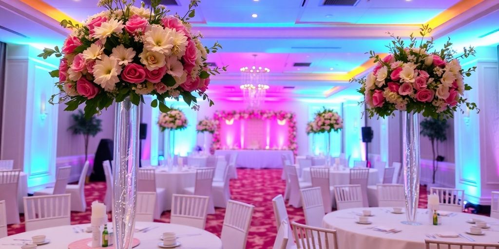 Beautifully decorated event venue with floral arrangements.