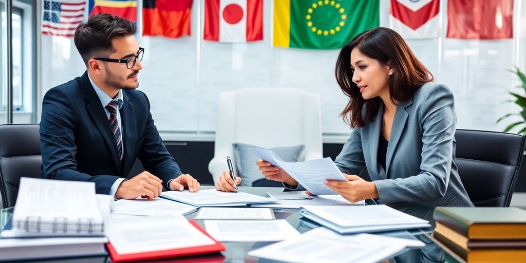 Team of translators collaborating in a legal office setting.