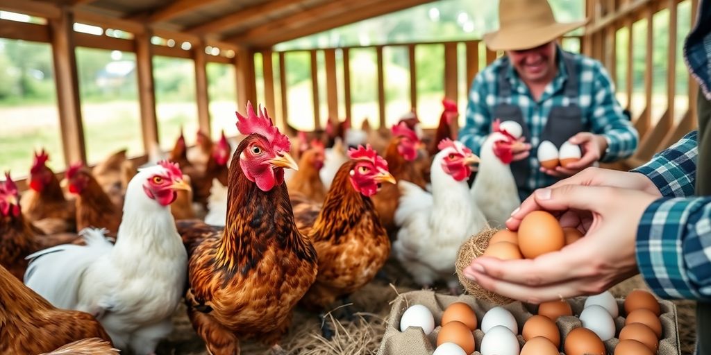 Chickens in coop with nest boxes full of eggs.