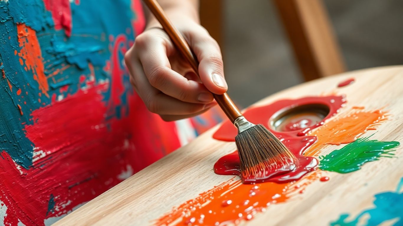 Hand mixing paint on palette beside colorful canvas, warm-cool contrast.