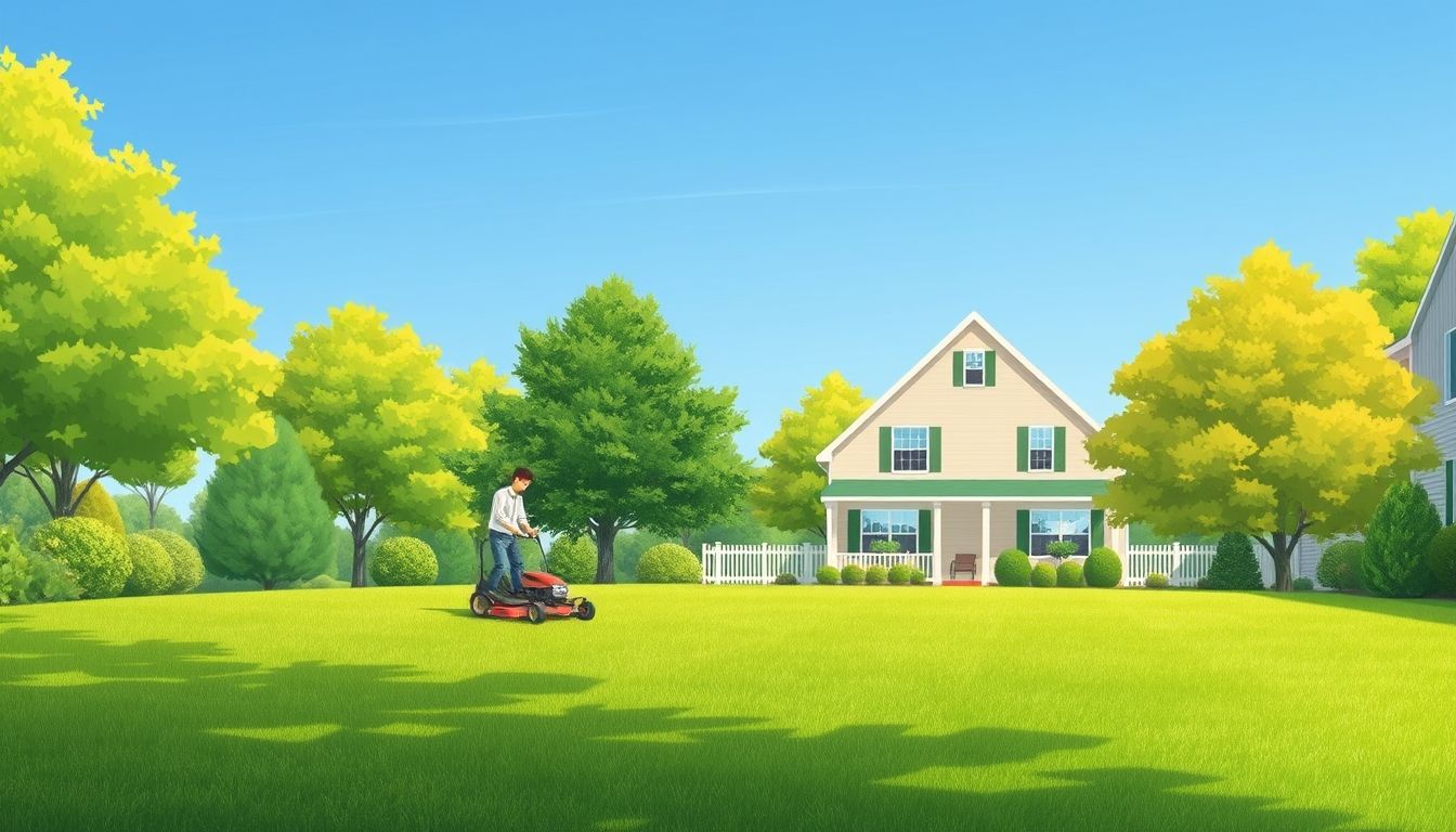 Person mowing a well-maintained lawn