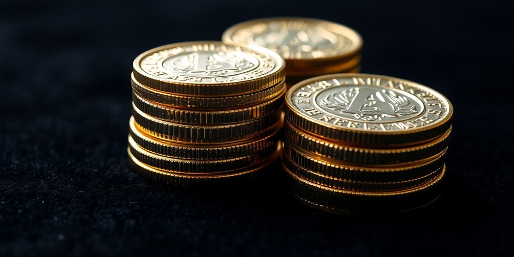 Close-up antique gold coin stack.