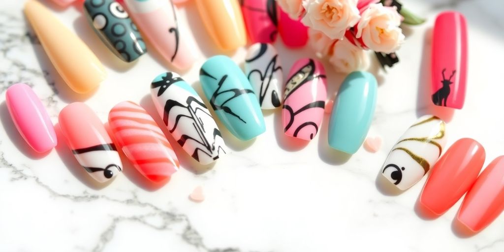 Colorful press-on nails on a marble surface.