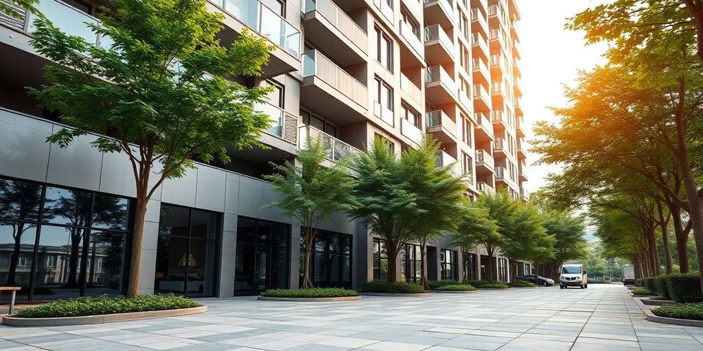 Bâtiment immobilier moderne avec des accents argentés.