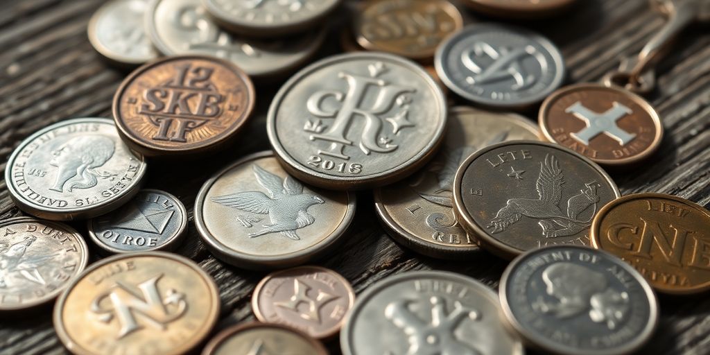 Colorful coins spread out on a wooden surface.