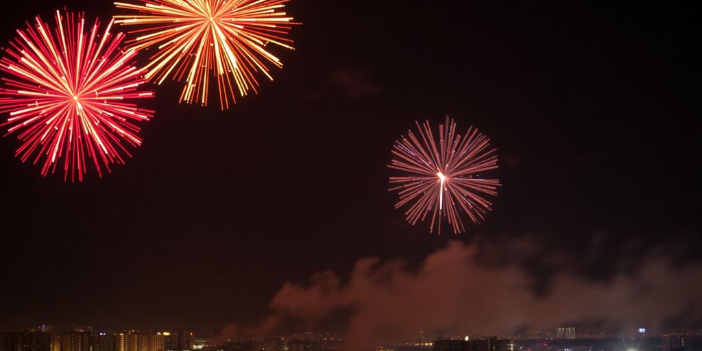 Festliches Feuerwerk über leuchtender Stadt bei Neujahr.