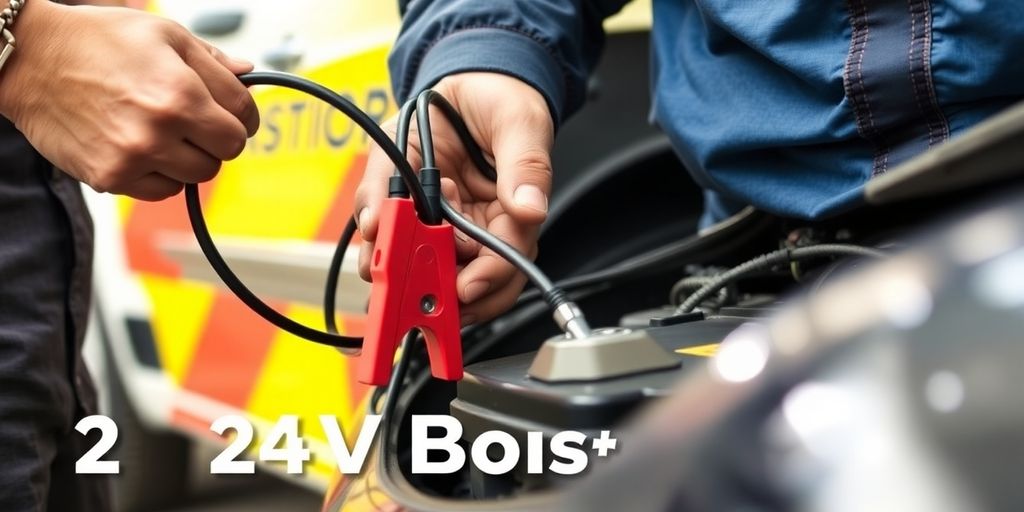 Mechanic jump-starting a car battery with cables.