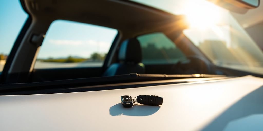 Rental car parked, keys on dashboard