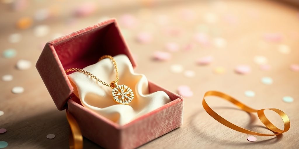 Boîte cadeau ouverte montrant collier en or sur fond festif