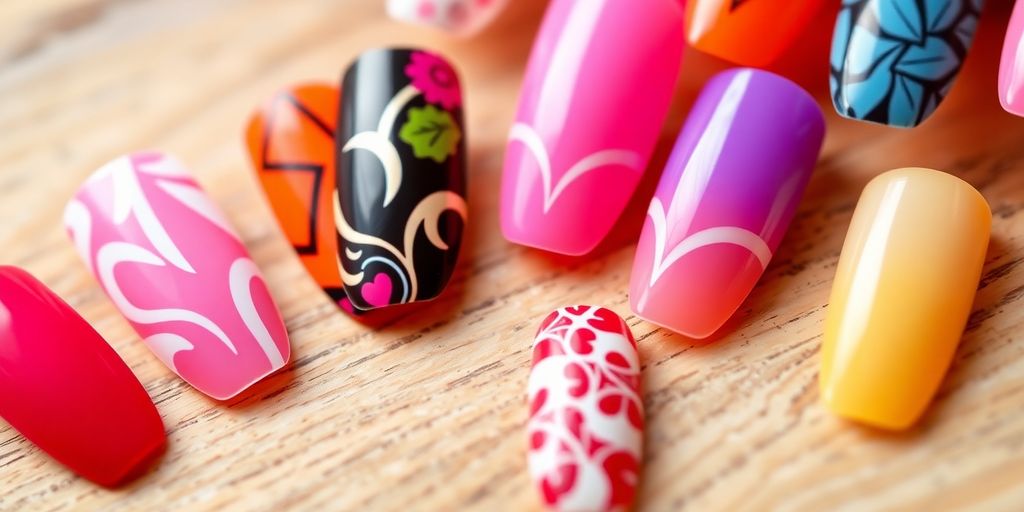 Colorful press-on nails on a wooden background.