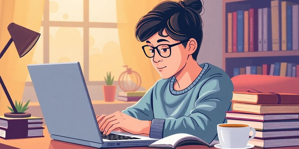 Person engaging with a laptop in a cozy study.