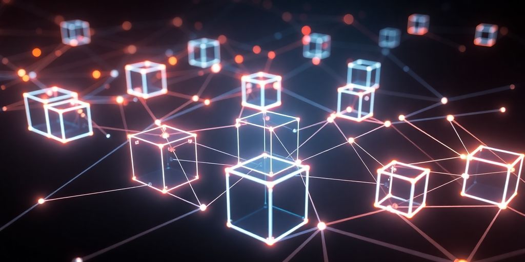 Blockchain network with interconnected nodes.
