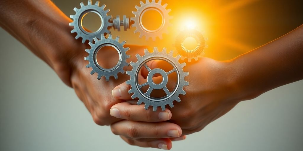 Two hands clasping, gears interlocked, bright light.