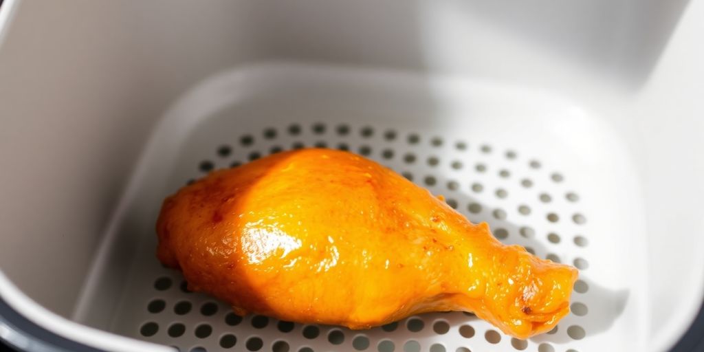 Golden brown chicken wings in an air fryer.