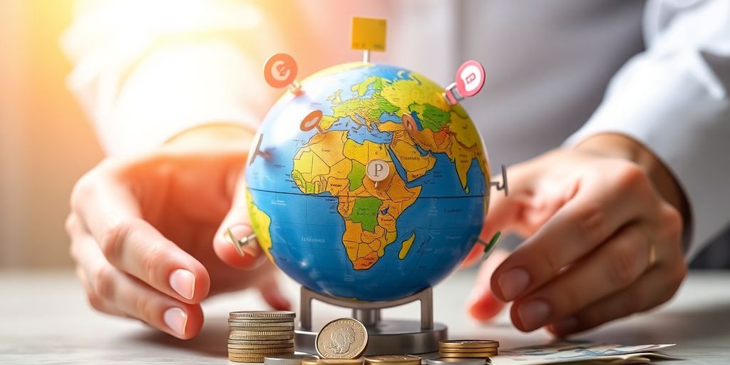 Photographic image: illuminated globe, hands placing international currency, global exchange.