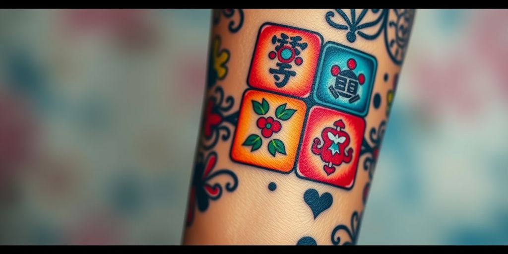 Colorful mahjong tile tattoo on forearm