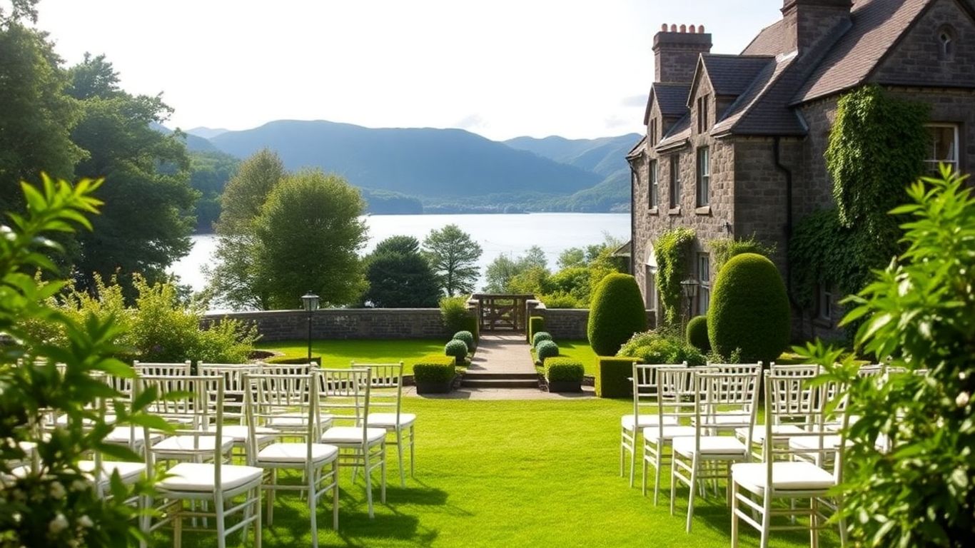 Outdoor wedding setup by Loch Lomond with mountains