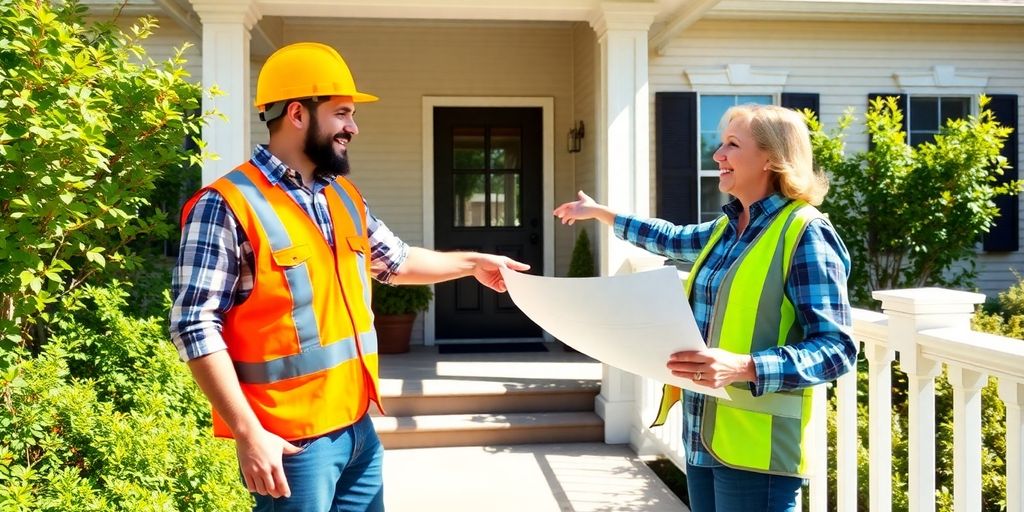 Contractor discusses plans with homeowner on a porch.