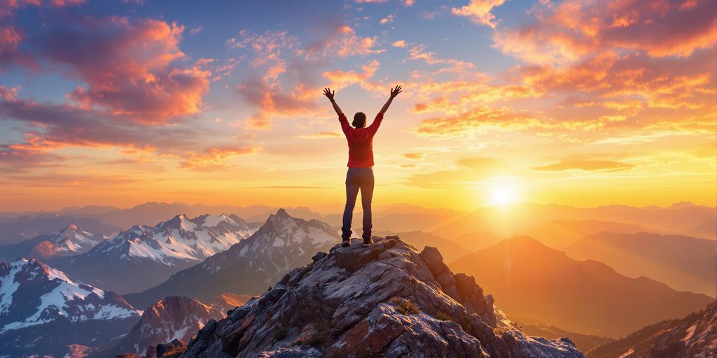 Person on mountain peak celebrating personal growth at sunrise.