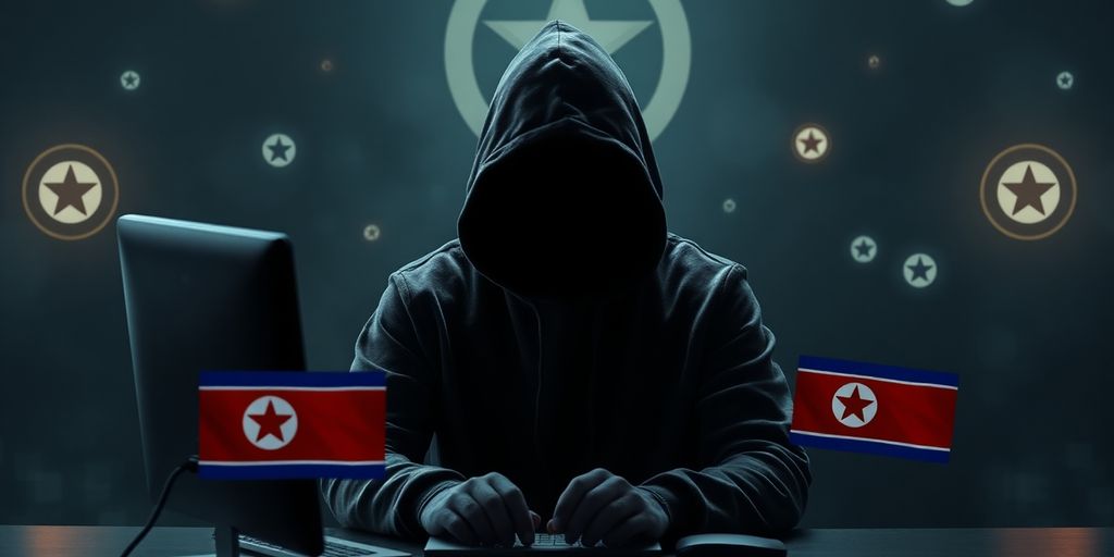 Hooded hacker at computer with cryptocurrency symbols.