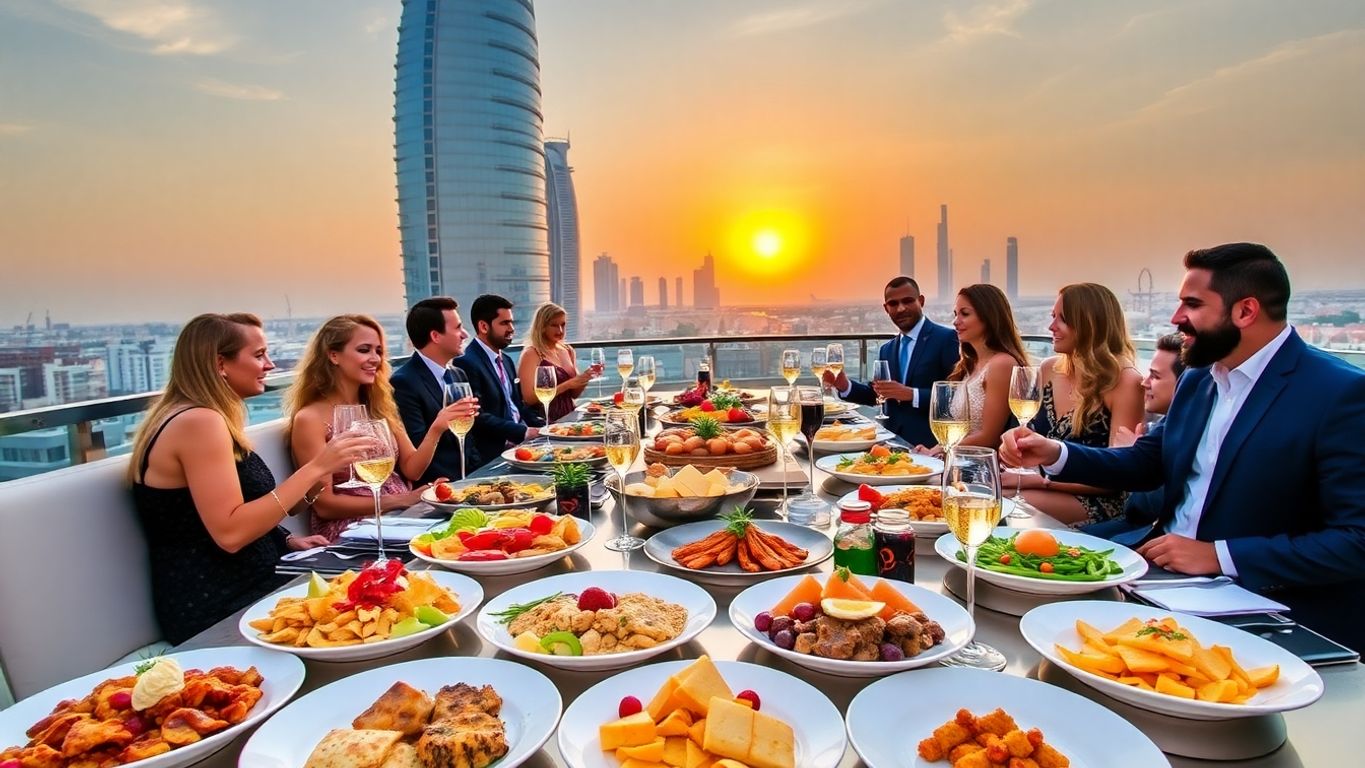 Food spread, Dubai skyline, vibrant brunch