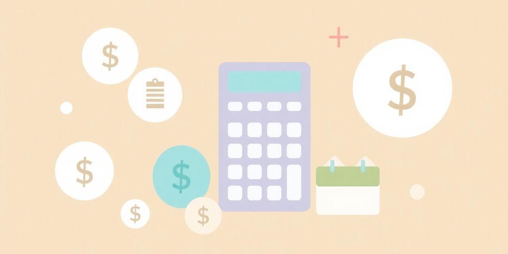 Illustrasjon av kalkulator og penger for feriepenger.
