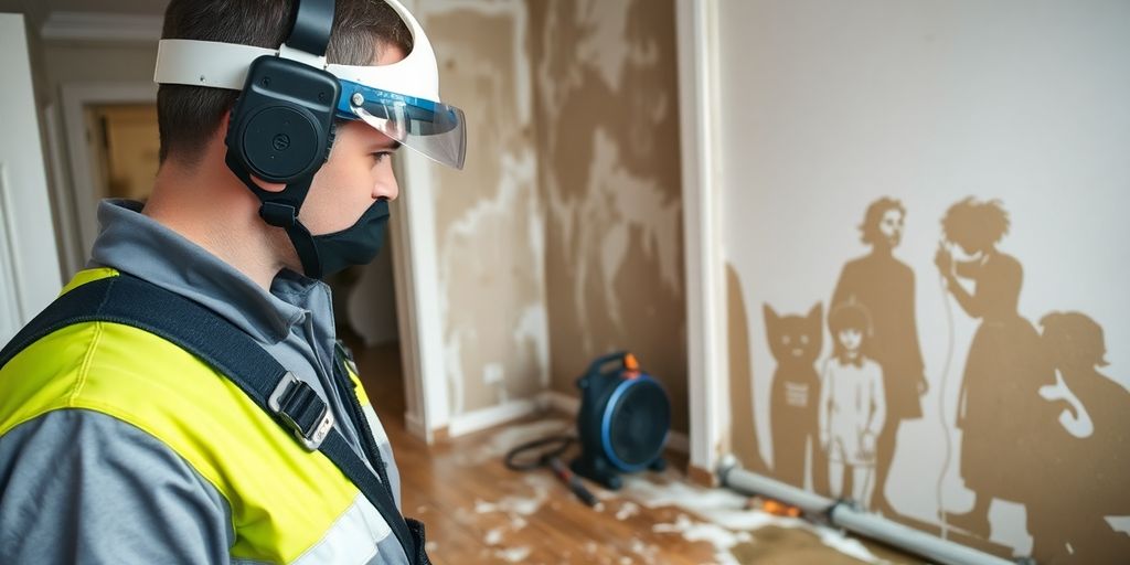Technician evaluating water damage in a home.
