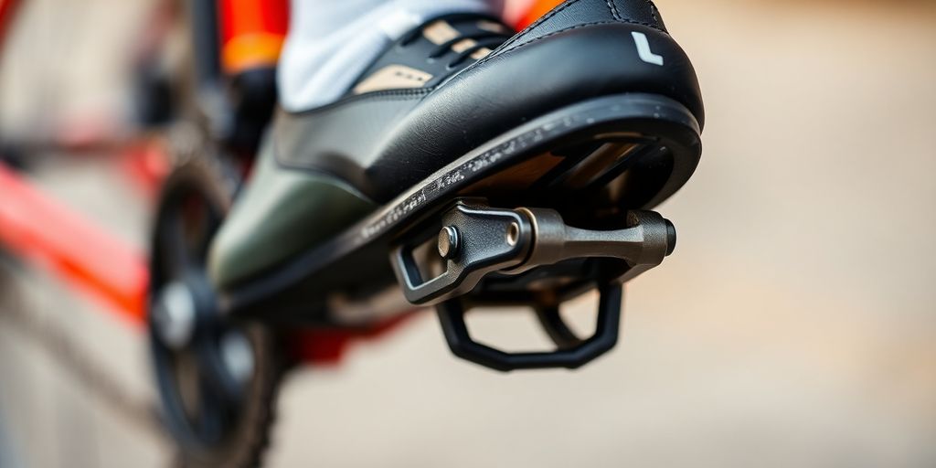 Cyclist's foot clipped into pedal.