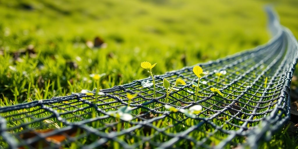 Green landscape with natural erosion control mesh.