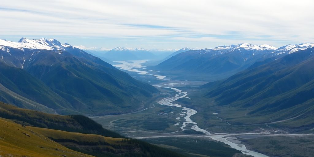 Vast Alaskan wilderness with mountains and rivers.