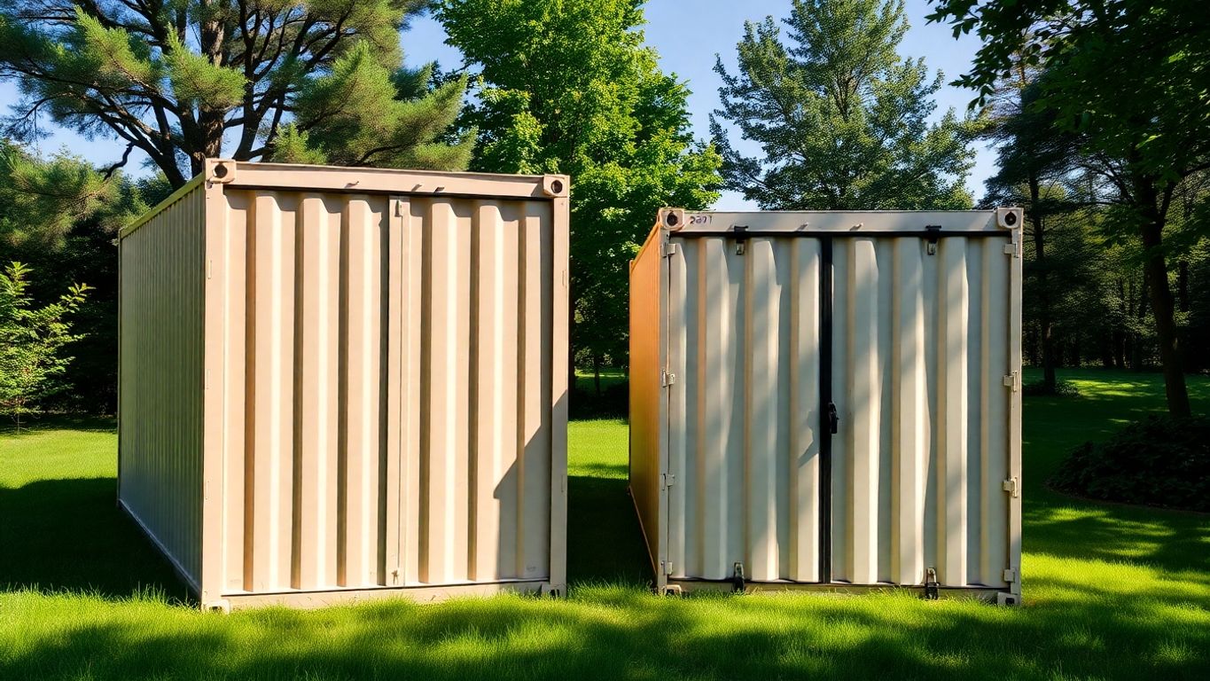Two shipping containers on a green property.