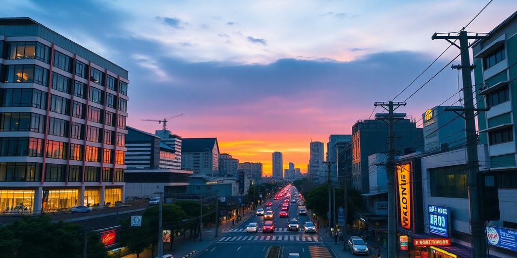 Cityscape of Jakarta with utility poles and modern buildings.