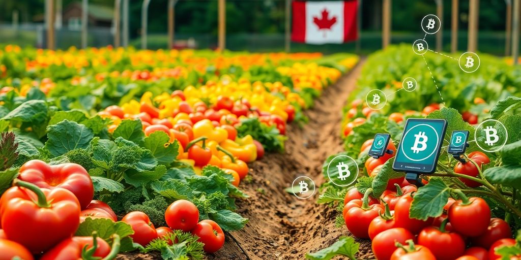 Farm scene with fresh produce and blockchain elements.