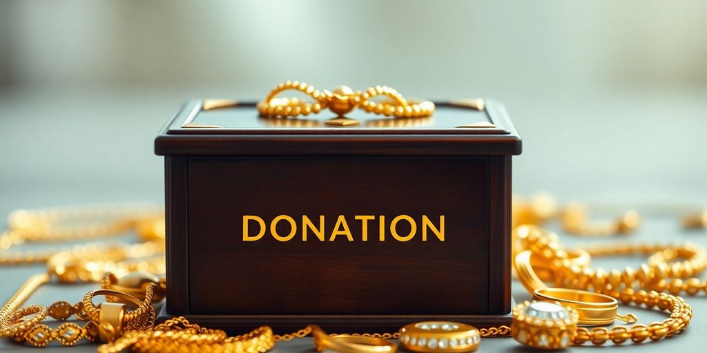Une boîte de donation en or avec des bijoux.