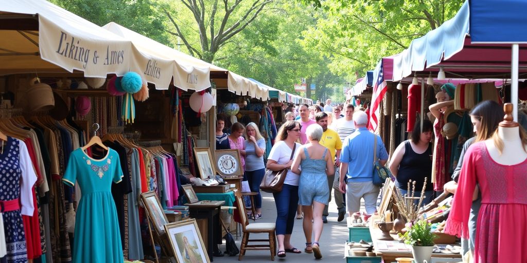 Outdoor market with colourful stalls and shoppers browsing