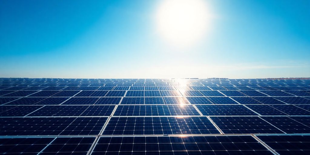 Panneaux solaires sur un toit avec le soleil.