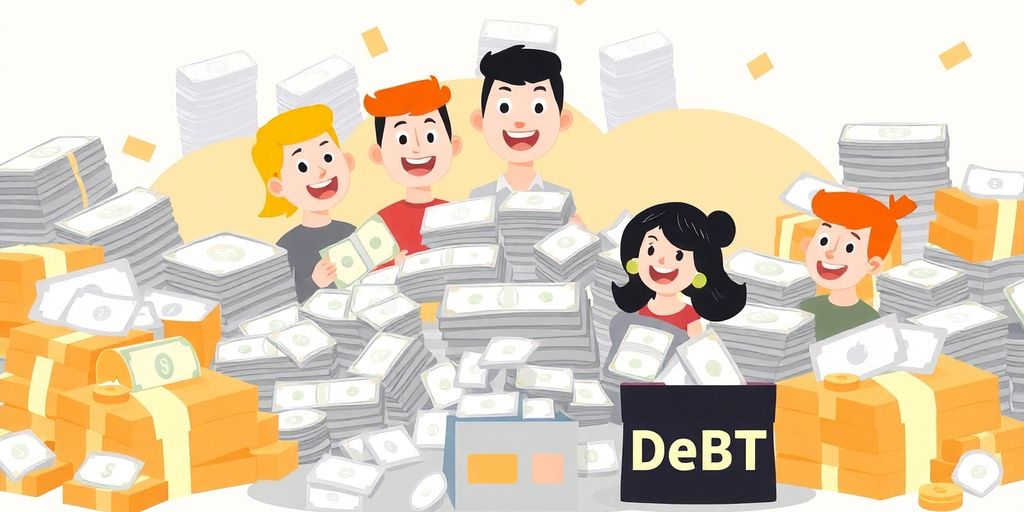 Cartoon piles of money and debt.