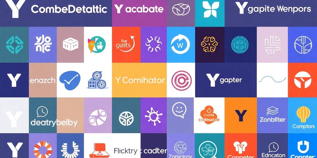 Colorful logos of Y Combinator startups on display.