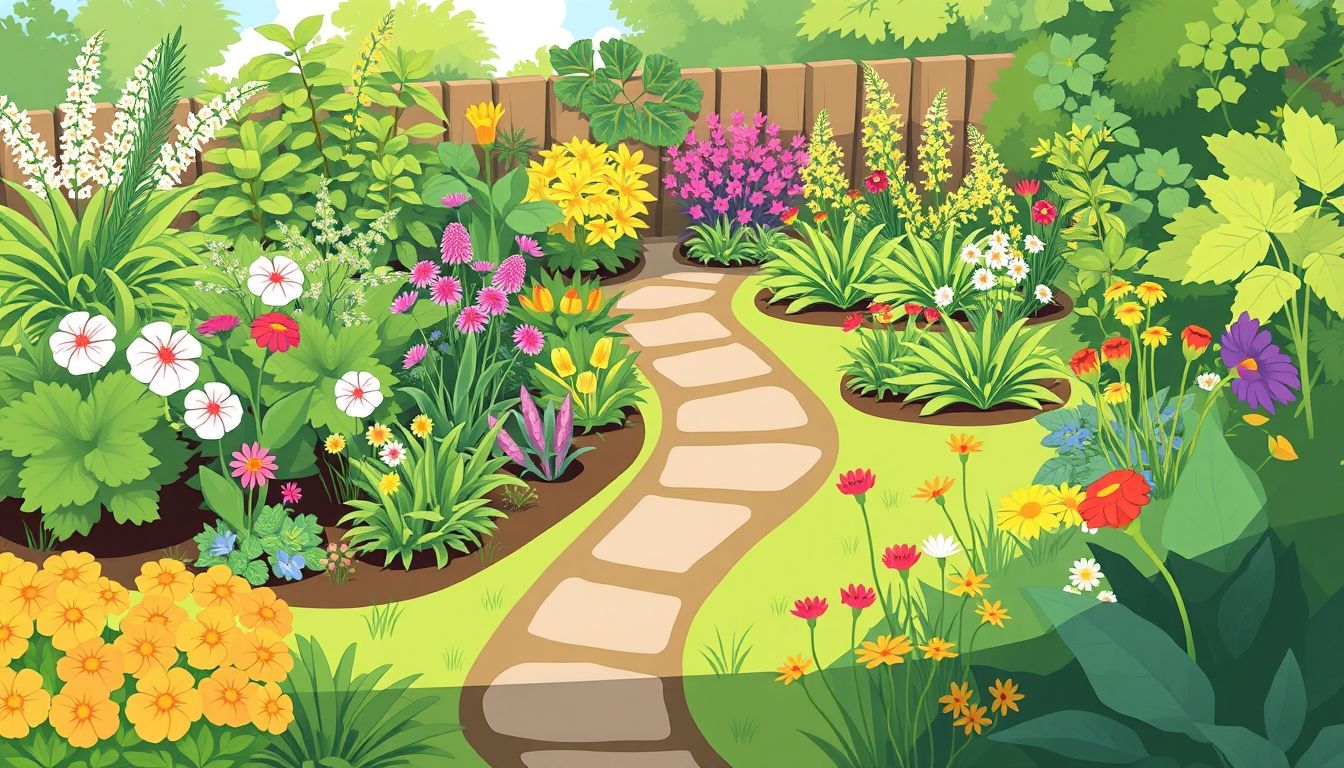 Beautiful garden with plants, flowers, and pathway