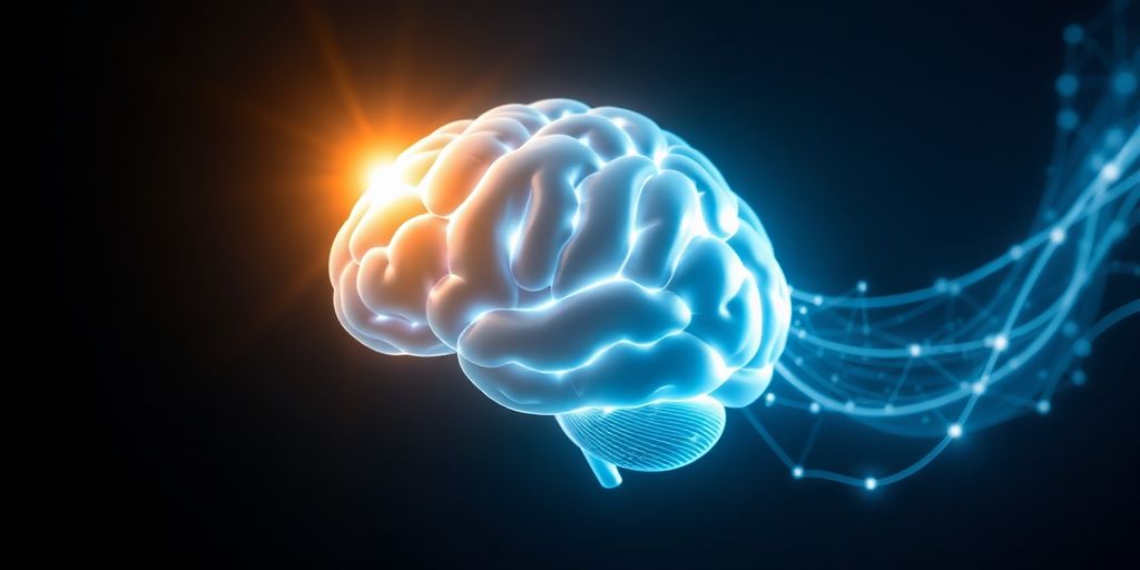 Bright, glowing brain with data streams flowing.