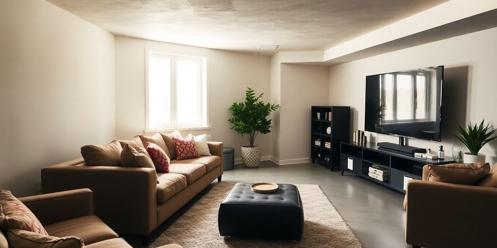 Basement living room with modern decor.