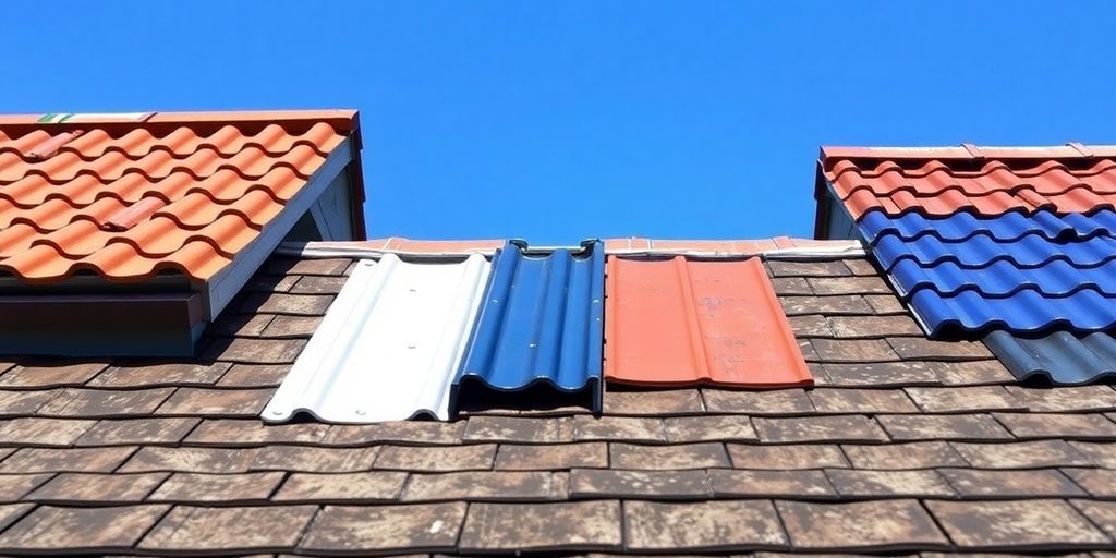 Diverse dakmaterialen op een heldere blauwe lucht.