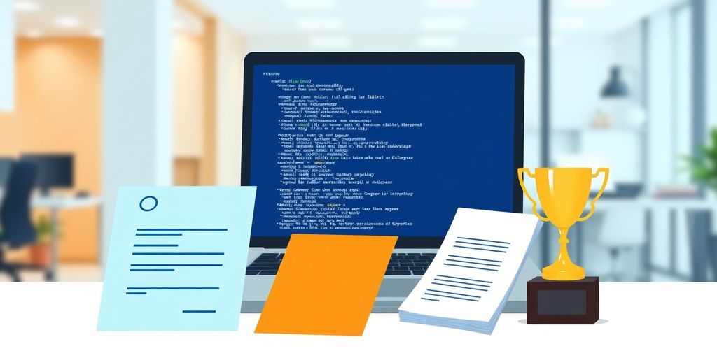 Laptop, code, resume, internship success