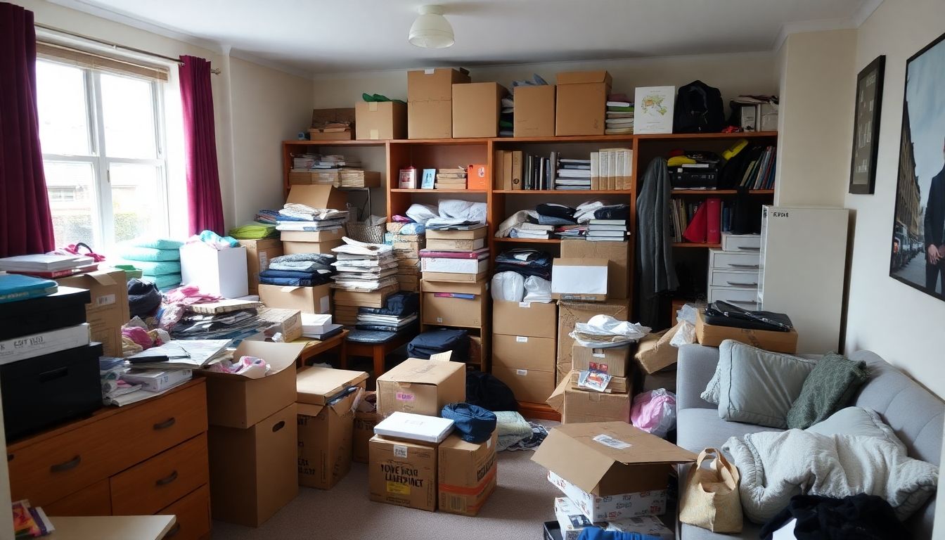 Cluttered student room with boxes and furniture for clearance.