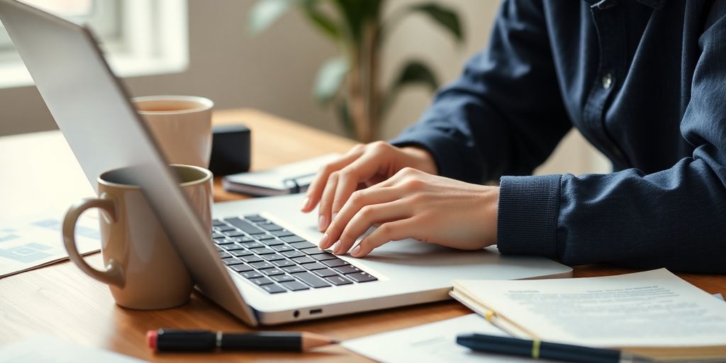 Professional writer with laptop and notes, focused atmosphere.