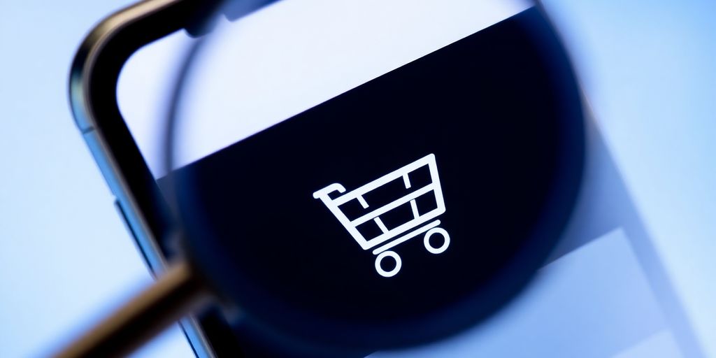 Mobiele telefoon met winkelwagentje en vergrootglas.