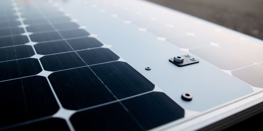 Close-up of solar panel back with mounting holes.